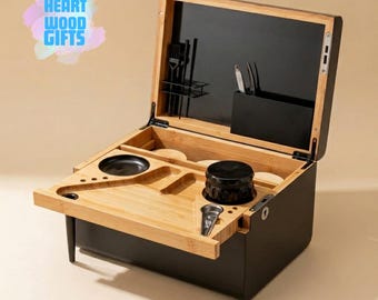 Handmade Lockable Cigarette & Tobacco Storage Box with Movable Tray, Stash Organizer Case, Desktop Smoking Accessory Box, Father's Day Gift