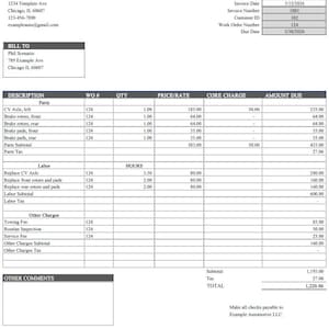 May include: An automotive invoice from Example Automotive LLC, detailing parts and labor costs. Includes line items for CV axle, brake rotors, and pads, with subtotals and a total amount due of $1,220.06. Contact information is provided.