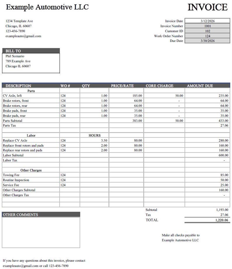 Quick Invoice Template for Mechanics - Etsy