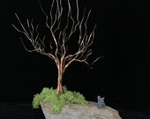 El árbol de alambre de cobre y latón en la costa de Humboldt Driftwood con la ardilla gris y la bellota - escultura de árbol pequeño en driftwood - arte del árbol de alambre