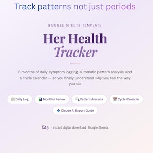 May include: A digital template titled "Her Health Tracker" with text that reads "Track patterns not just periods." The template includes features for daily symptom logging, pattern analysis, and a cycle calendar.