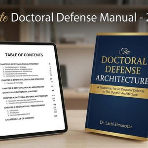 May include: A tablet showing a table of contents and a hardcover book titled "The Doctoral Defense Architecture" are on a wooden surface. The book has a navy blue cover with gold lettering. The tablet displays a list of chapters.
