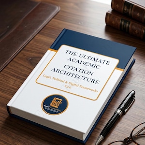 Pode incluir: Um livro de capa dura intitulado "THE ULTIMATE ACADEMIC CITATION ARCHITECTURE" com lombada azul marinho e capa branca. O livro está numa secretária de madeira com uma caneta, óculos e outros livros. A capa inclui o texto "Legal, Political & Digital Frameworks V2.0".