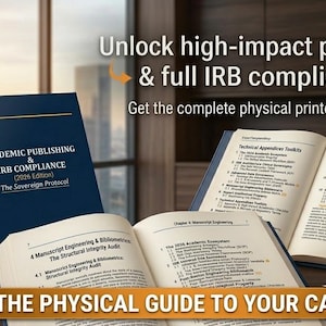 Può includere: Immagine di libri aperti e di un libro chiuso intitolato "Academic Publishing & IRB Compliance". I libri sono su una scrivania con il testo "Unlock high-impact publication & full IRB compliance. Add the physical guide to your cart now."