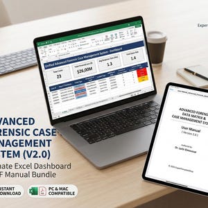 May include: A laptop and tablet showing a forensic case management system. The laptop screen displays an Excel dashboard with data, while the tablet shows a user manual. The image includes the text "Advanced Forensic Case Management System (V2.0)".