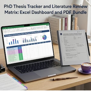 Może przedstawiać: Laptop z pulpitem nawigacyjnym Excel z wykresami, obok tabletu z odręcznymi notatkami. U góry widnieje napis "PhD Thesis Tracker and Literature Review Matrix: Excel Dashboard and PDF Bundle."