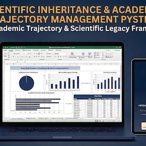May include: A laptop and tablet showing data visualizations and charts related to academic trajectory and scientific legacy. The image includes the text "SCIENTIFIC INHERITANCE & ACADEMIC TRAJECTORY MANAGEMENT SYSTEM". An operational reference guide is also included.