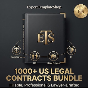 May include: A black binder with gold accents and the text "ETS" in gold. The binder is labeled "1000+ US Legal Contracts Bundle" and includes icons for Corporate, HR, Real Estate, and IP. The text "Fillable, Professional & Lawyer-Drafted" is also visible.