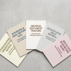 May include: Five index cards with text, including "Interview & Oral History Log," "Ethnographic Observation Matrix," and "Archival Document Tracker." The cards are arranged in a fan shape, with a light gray background.