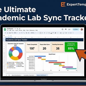 Puede incluir: Una pantalla de portátil muestra una hoja de cálculo titulada "Academic Lab Sync Tracker". La interfaz incluye un gráfico circular, un diagrama de Gantt y cuadros de datos que muestran la finalización de tareas y revisiones. La finalización general de la tarea es del 85%.