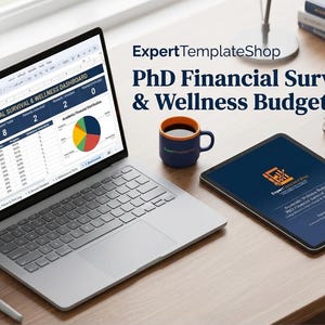 May include: A laptop displaying a spreadsheet titled "PhD Financial Survival & Wellness Dashboard" next to a tablet, coffee mug, and pen. The text "ExpertTemplateShop" and "PhD Financial Survival & Wellness Budget" are also visible.