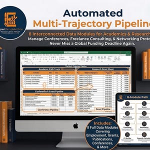 May include: A computer screen displays a spreadsheet titled "Automated Multi-Trajectory Pipeline." The screen shows data modules for academics and researchers, including employment, grants, and conferences. The image also includes a tablet with an 8-module path graphic and several books.