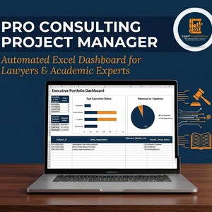 Pode incluir: Um laptop exibe um painel do Excel com gráficos e dados, rotulado como "Executive Portfolio Dashboard". A tela mostra o status de execução da tarefa e receita versus despesas. O texto na parte superior diz "PRO CONSULTING PROJECT MANAGER."