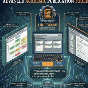 May include: An infographic for an advanced academic publication toolkit. The image features a tablet, laptop, and a screen, all displaying information related to academic publishing. Text includes "3-in-1 Toolkit" and "PRISMA 2020 Implementation Flow."