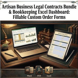 Artisan Business Legal Contracts Bundle & Bookkeeping Excel Dashboard: Fillable Custom Order Forms