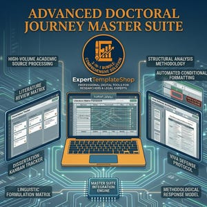 May include: An illustration promoting the Advanced Doctoral Journey Master Suite. The image features a laptop and two tablets displaying data, with text labels such as "Literature Review Matrix" and "Viva Defense Protocol." The Expert TemplateShop logo is also visible.