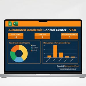 May include: A laptop screen displays a dashboard titled "Automated Academic Control Center - V3.0." The interface features charts and data visualizations, including a pie chart and bar graphs. The screen shows the text "ExpertTemplateShop" at the bottom.