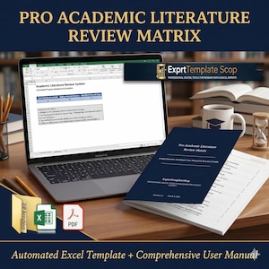 Może przedstawiać: Laptop wyświetla arkusz kalkulacyjny Excel zatytułowany "Academic Literature Review System". Ciemnoniebieska instrukcja zatytułowana "Pro Academic Literature Review Matrix" spoczywa na drewnianej powierzchni, wraz z kubkiem kawy, klepsydrą i ołówkami. Obraz zawiera tekst "Automated Excel Template + Comprehensive User Manual".