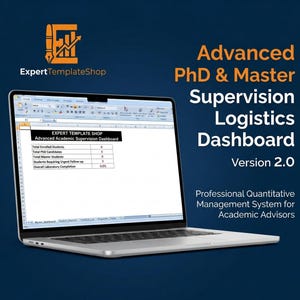 May include: A laptop displays an Excel spreadsheet titled "Advanced Academic Supervision Dashboard." The screen shows data fields for student enrollment and completion rates. Text on the screen reads "Expert Template Shop." The background is a gradient of dark blue.