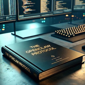 Könnte beinhalten: Ein schwarzes Buch mit dem Titel "The Openclaw Protocol" mit goldfarbenen Buchstaben, das auf einem Schreibtisch liegt. Computermonitore mit Code sind im Hintergrund zu sehen. Eine Tastatur und eine Maus sind ebenfalls vorhanden.