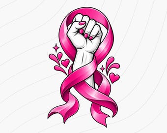 Breast Cancer Fighter PNG, Pink Ribbon Raised Fist Sublimation Design, Cancer Awareness Shirt Graphic, Digital Download PNG