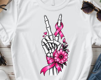 Breast Cancer Skeleton Hand PNG, Pink Ribbon Peace Sign Sublimation Design, Cancer Awareness Shirt, Digital Download PNG