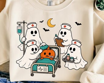 Halloween Nurse Ghost PNG, Cute Hospital Pumpkin Sublimation Design, Medical Healthcare Worker Clipart, Spooky Nurse Shirt PNG