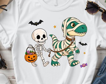 Halloween Dinosaur PNG, Cute Mummy T Rex Sublimation Design, Skeleton Trick Or Treat Clipart, Kids Halloween Shirt PNG