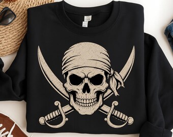 Pirate Skull PNG, Jolly Roger Sublimation Design, Crossed Swords Clipart, Halloween Pirate Shirt Digital Download PNG