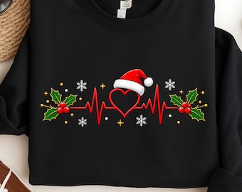 Christmas Heartbeat PNG, Santa Hat Heart Sublimation Design, Holiday ECG Clipart, Holly Heartbeat Christmas Shirt Digital Download PNG