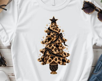 Leopard Christmas Tree PNG, Cheetah Print Christmas Sublimation Design, Black Gold Tree Clipart, Glam Christmas Shirt Digital Download PNG