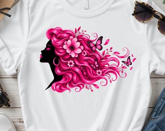 Pink Hair Woman PNG, Breast Cancer Awareness Sublimation Design, Butterfly Floral Woman Shirt, Digital Download PNG