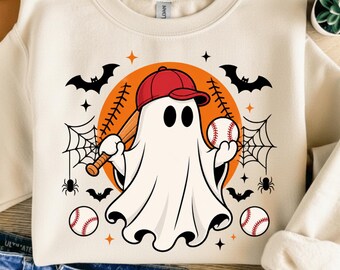 Baseball Ghost PNG, Cute Halloween Sports Sublimation Design, Bat Ball Spider Web Clipart, Spooky Baseball Shirt Digital Download PNG