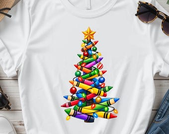Crayon Christmas Tree PNG, Teacher Christmas Sublimation Design, Colorful Crayon Tree Clipart, School Holiday Shirt Digital Download PNG