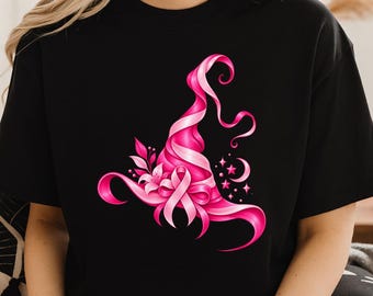 Breast Cancer Witch Hat PNG, Pink Ribbon Halloween Sublimation Design, Breast Cancer Awareness Shirt, Digital Download PNG
