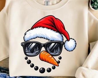 Cool Snowman PNG, Santa Hat Snowman Sublimation Design, Christmas Sunglasses Clipart, Funny Winter Shirt Digital Download PNG