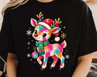 Cute Christmas Reindeer PNG, Colorful Reindeer Sublimation Design, Pink Holiday Deer Clipart, Santa Hat Christmas Shirt Digital Download PNG