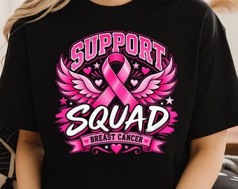 Support Squad Breast Cancer PNG, Pink Ribbon Wings Sublimation Design, Cancer Awareness Shirt Graphic, Digital Download PNG