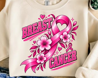 Breast Cancer Ribbon PNG, Pink Floral Awareness Sublimation Design, Breast Cancer Support Shirt, Digital Download PNG
