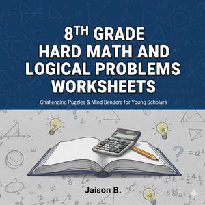 May include: An open book titled "8th Grade Hard Math and Logical Problems Worksheets" is shown. A calculator and pencil are on the pages. The cover has a blue background with mathematical symbols and light bulbs.