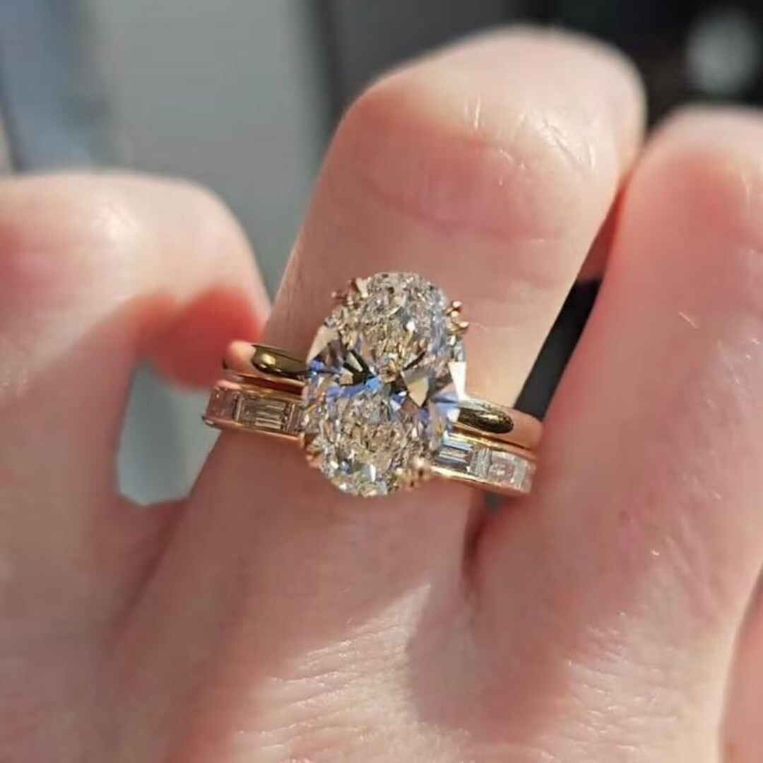 3 CT Oval Cut Moissanite Bridal Set, Solid Gold Engagement Ring With ...