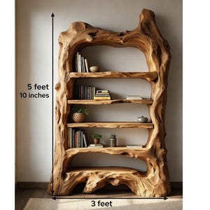 Estantería de madera maciza con forma de árbol, estante rústico con ramas de madera flotante, librería inspirada en la naturaleza.