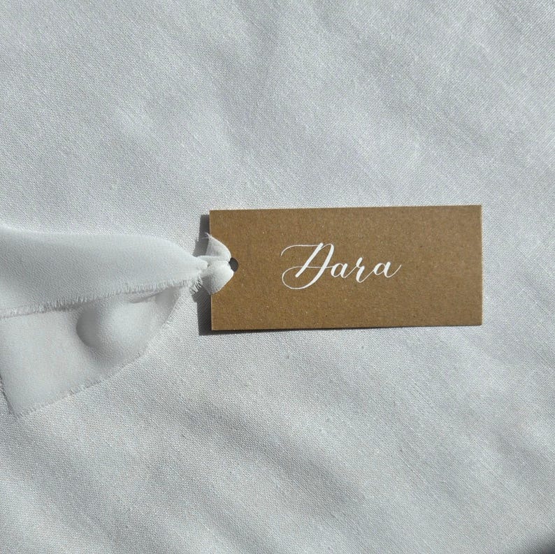 Handwritten Kraft Brown Place Cards, White Chiffon Ribbon, Calligraphy ...