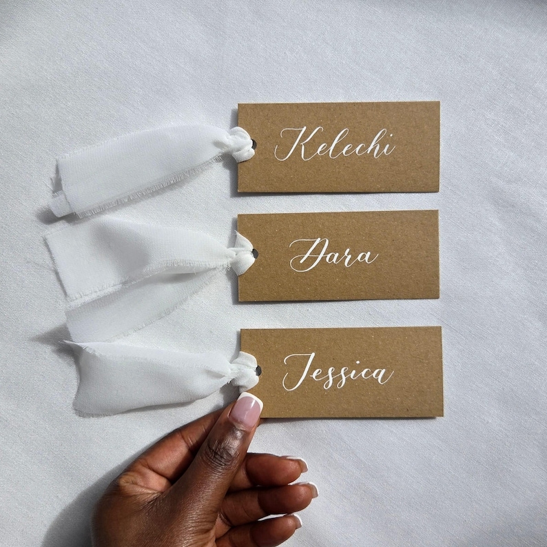 Handwritten Kraft Brown Place Cards, White Chiffon Ribbon, Calligraphy ...