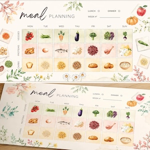 May include: A watercolor meal planning chart with the words "meal PLANNING" at the top. The chart is divided into sections for each day of the week, with spaces for lunch and dinner. It includes illustrations of vegetables, proteins, and carbs.