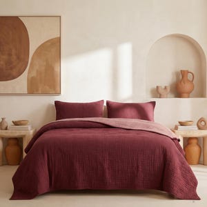 Pu&ograve; includere: Un copriletto bordeaux e due federe abbinate su un letto. Il copriletto &egrave; in tinta unita con una superficie strutturata. Il letto si trova in una stanza con pareti colorate neutre e oggetti decorativi.
