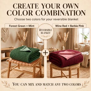 Pu&ograve; includere: L'immagine mostra due coperte reversibili, una verde foresta e menta, l'altra rosso vino e rosa Barbie. Il testo recita "Crea la tua combinazione di colori" e "Puoi mescolare e abbinare due colori qualsiasi."