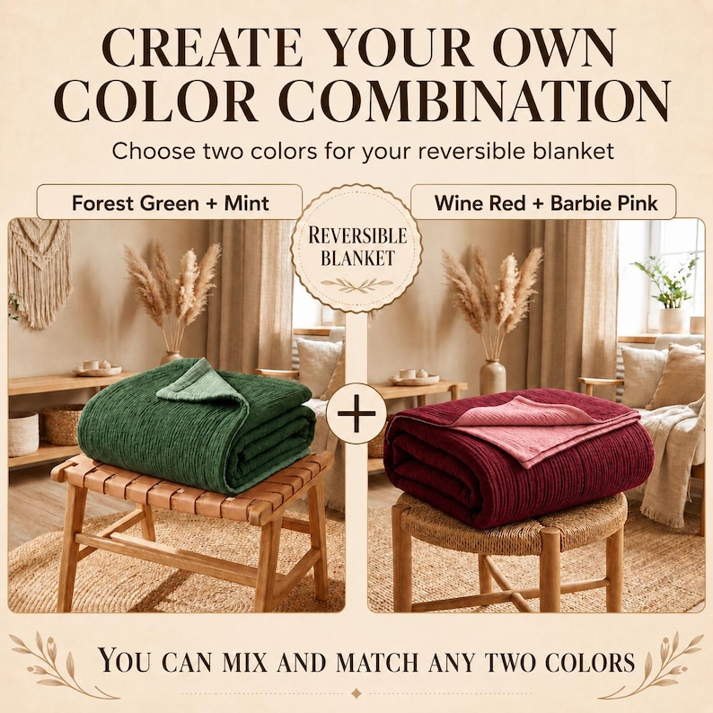 Pu&ograve; includere: L'immagine mostra due coperte reversibili, una verde foresta e menta, l'altra rosso vino e rosa Barbie. Il testo recita "Crea la tua combinazione di colori" e "Puoi mescolare e abbinare due colori qualsiasi."