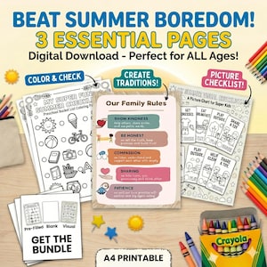 May include: A digital download bundle featuring three printable pages: a My Super Fun Summer Checklist coloring page, an Our Family Rules chart with five colored sections, and a My Summer Visual Checklist with picture-based tasks for children.