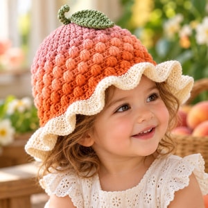 May include: A crochet bucket hat featuring a textured bobble stitch pattern in an ombre gradient of peach to orange. The hat is topped with a small green crocheted leaf and stem, and it is finished with a wide, cream-colored ruffled brim.